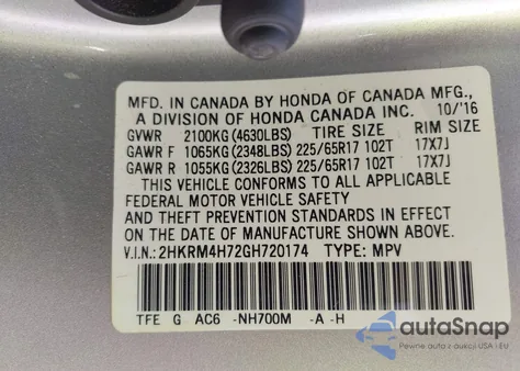 2016 Honda Cr-V Ex-L from USA, damaged, VIN 2HKRM4H72GH720174